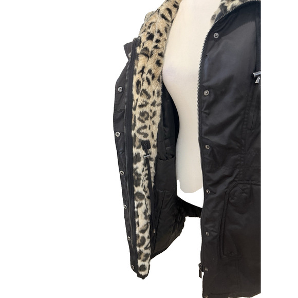Belle Badgley Mischka Women's Medium Parka Jacket Black Leopard Faux Fur Hood - Picture 8 of 16